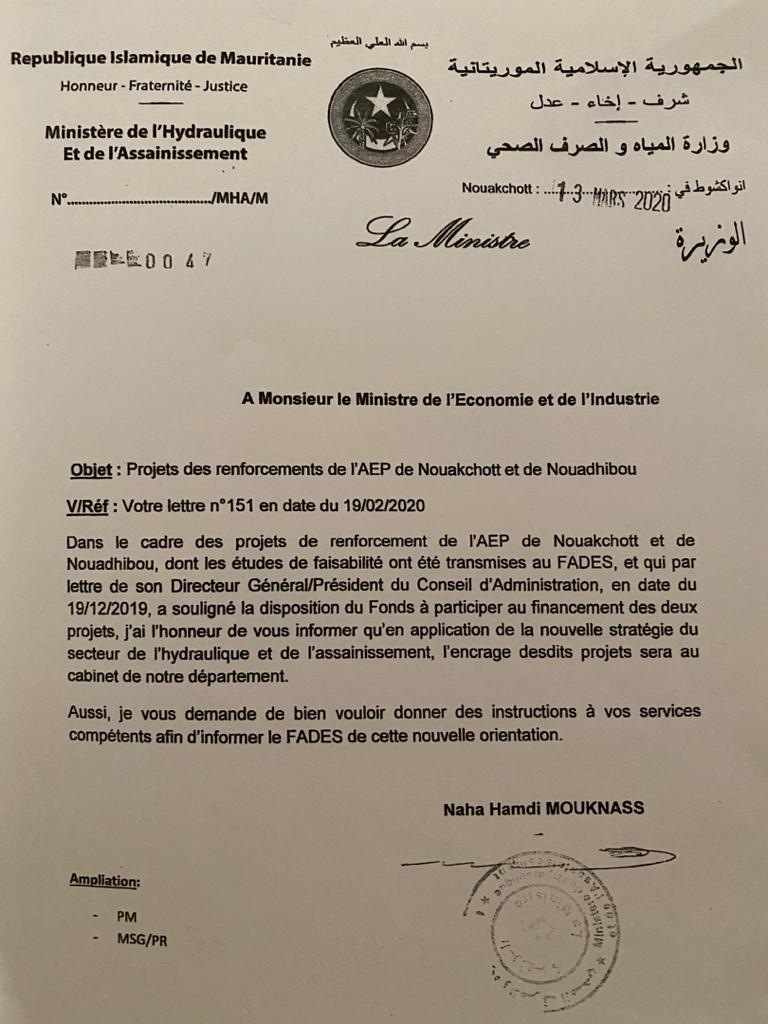 lettre ministérielle stipulant l'ancrage du projet au SG
